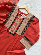Straight Cotton Kurti Pant Dupatta Set - Red