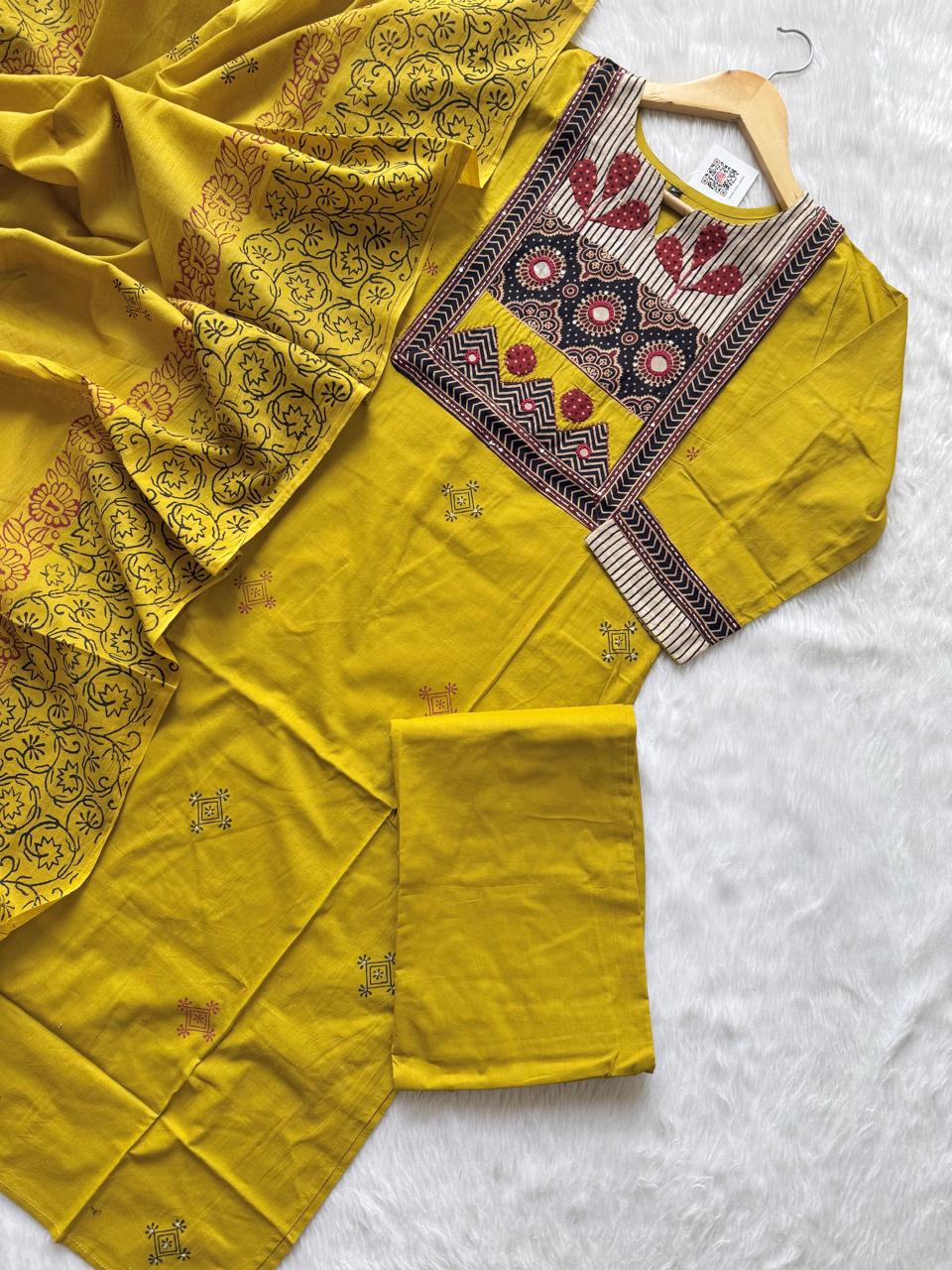 Straight Cotton Kurti Pant Dupatta Set - Mustard Yellow