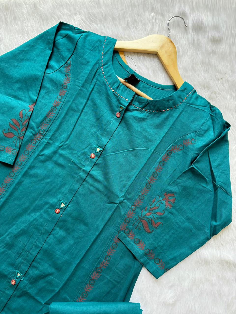 Teal Green Cotton Printed Kurti with Palazzo Co-ord Set