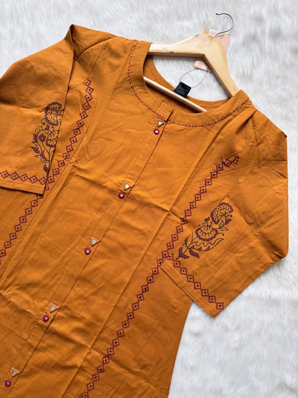 Mustard Yellow Cotton Printed Kurti with Palazzo Co-ord Set