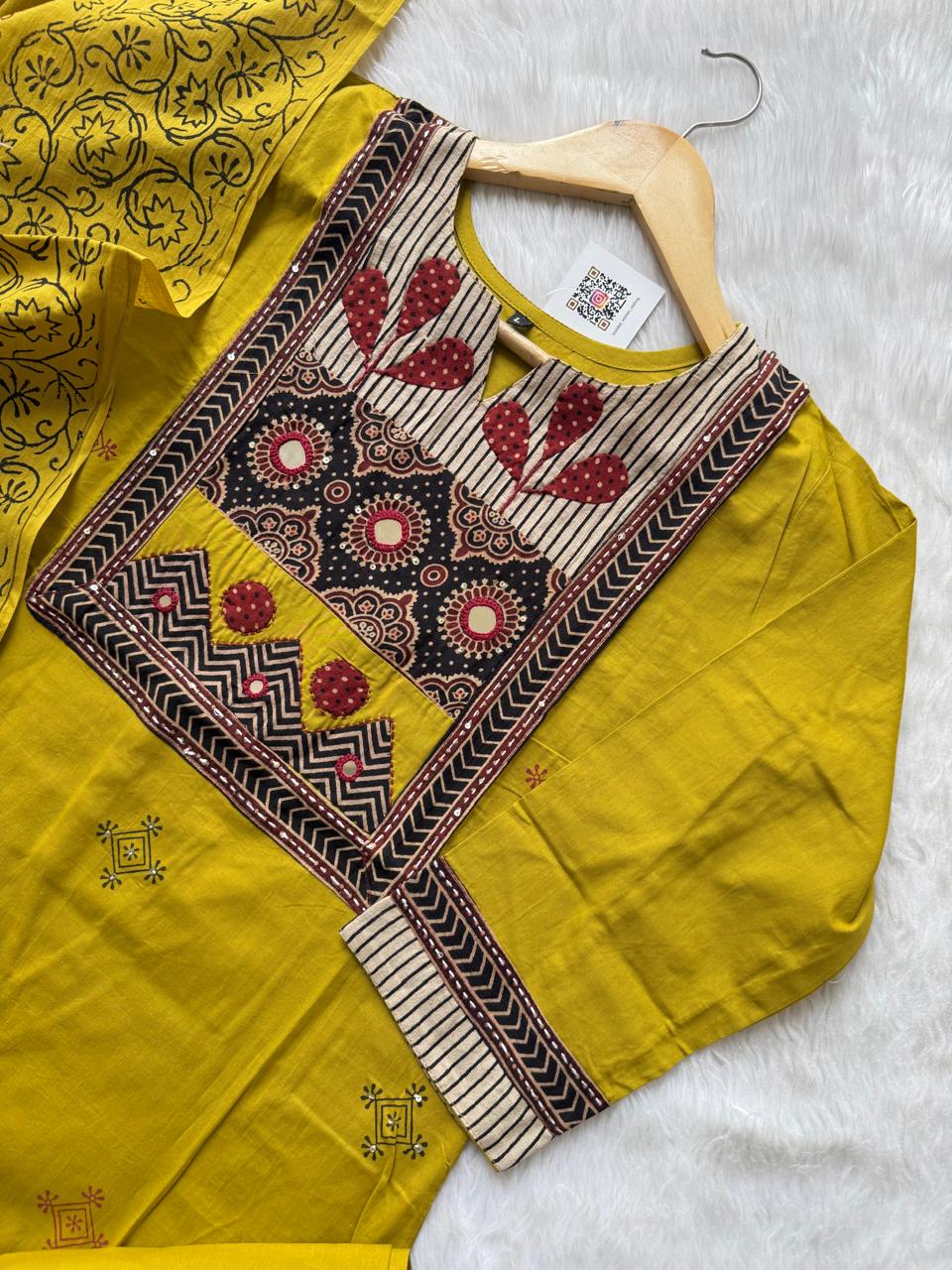 Straight Cotton Kurti Pant Dupatta Set - Mustard Yellow