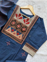 Straight Cotton Kurti Pant Dupatta Set - Navy Blue