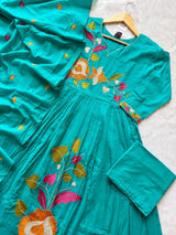 Turquoise Embroidered Anarkali Kurti Set with Palazzo & Dupatta