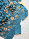 Teal Blue Floral Cotton Kurti Pant Dupatta Set