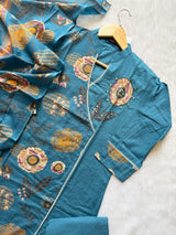 Teal Blue Floral Cotton Kurti Pant Dupatta Set