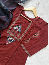 Rust Brown Straight Kurta Setwith Pants & Printed Dupatta