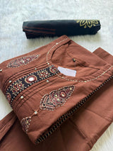 Brown Aplic Work Kurta, Pant & Printed Dupatta