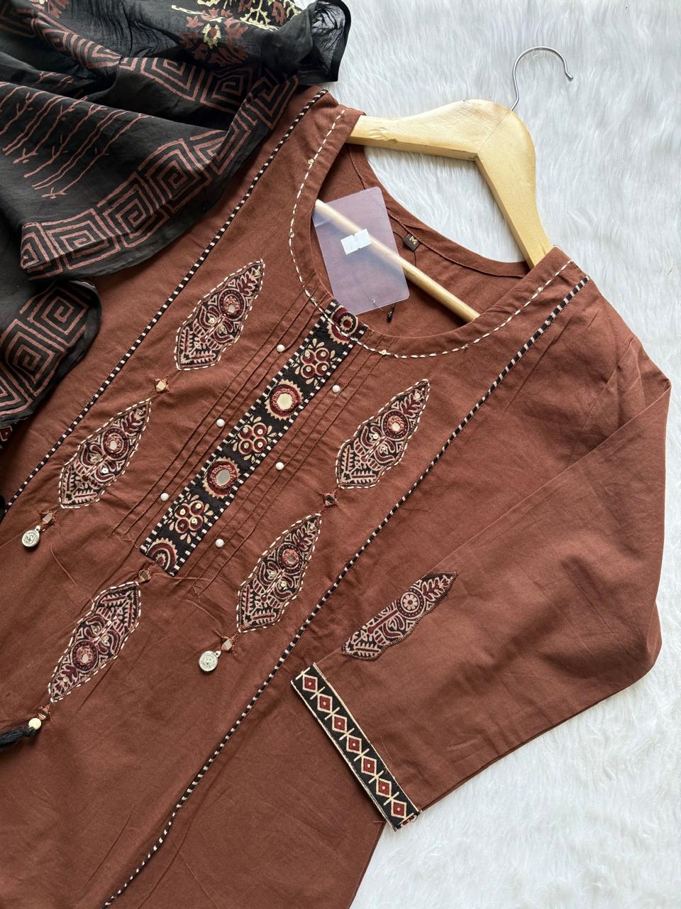Brown Aplic Work Kurta, Pant & Printed Dupatta