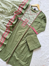 Sage Green Umbrella Kurta Set with Palazzo & Floral Dupatta