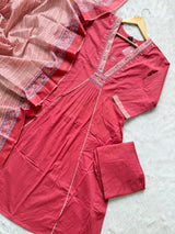 Rose Pink Pleated Kurta Palazzo & Dupatta Set