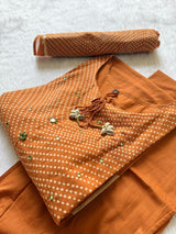 Rust Brown Printed Kurta Pant & Dupatta Set with Mirror Work