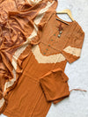 Rust Brown Printed Kurta Pant & Dupatta Set with Mirror Work
