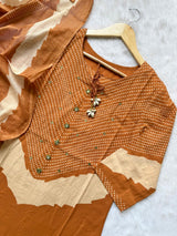 Rust Brown Printed Kurta Pant & Dupatta Set with Mirror Work