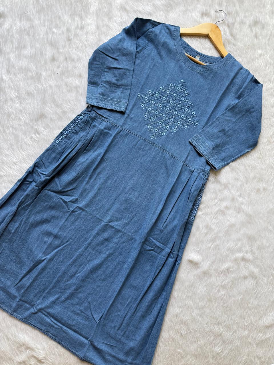 Blue Denim Look Embroidered Cotton Midi Dress (Middy)