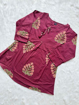 Purple Floral Printed Cotton Blend Short Kurti & Pant Co-Ord Set