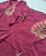 Purple Floral Printed Cotton Blend Short Kurti & Pant Co-Ord Set