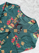 Dark Teal Floral Printed Cotton Blend Short Kurti & Pant Co-Ord Set
