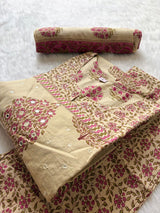 Cream & Pink Floral Printed Cotton Kurti Pant & Dupatta Set for Women