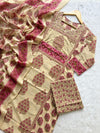 Cream & Pink Floral Printed Cotton Kurti Pant & Dupatta Set for Women