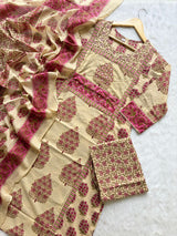 Cream & Pink Floral Printed Cotton Kurti Pant & Dupatta Set for Women