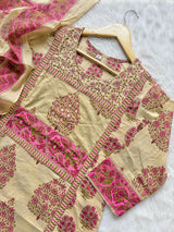 Cream & Pink Floral Printed Cotton Kurti Pant & Dupatta Set for Women