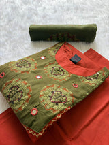 Rust Orange Cotton Umbrella Kurti Pant & Printed Dupatta Set for Women