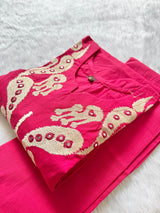 Fuchsia Pink Embroidered Cotton Blend Straight Kurta with Pant Set