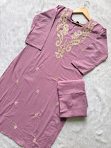 Mauve Embroidered Cotton Blend Straight Kurta with Pant Set