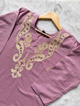 Mauve Embroidered Cotton Blend Straight Kurta with Pant Set