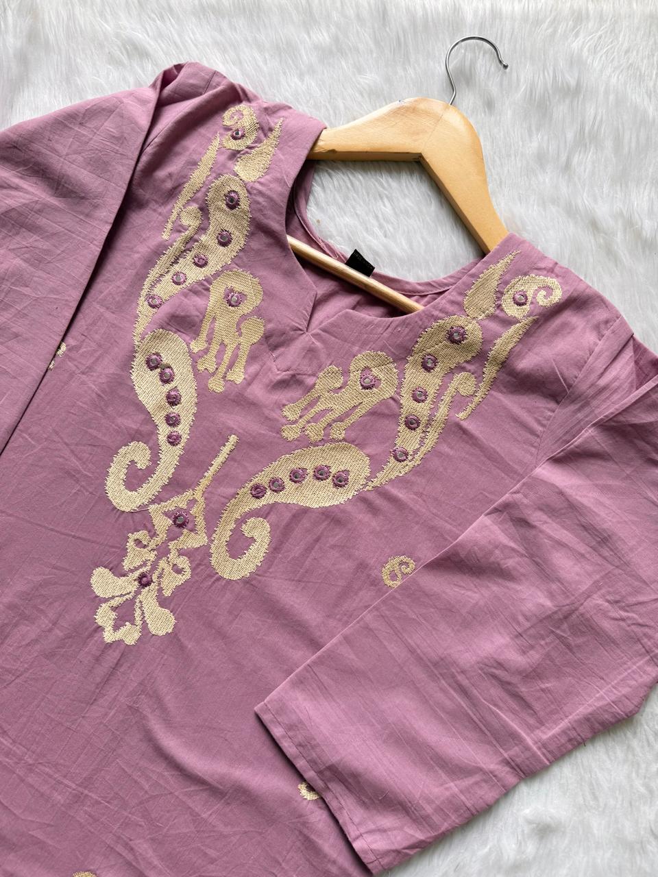 Mauve Embroidered Cotton Blend Straight Kurta with Pant Set