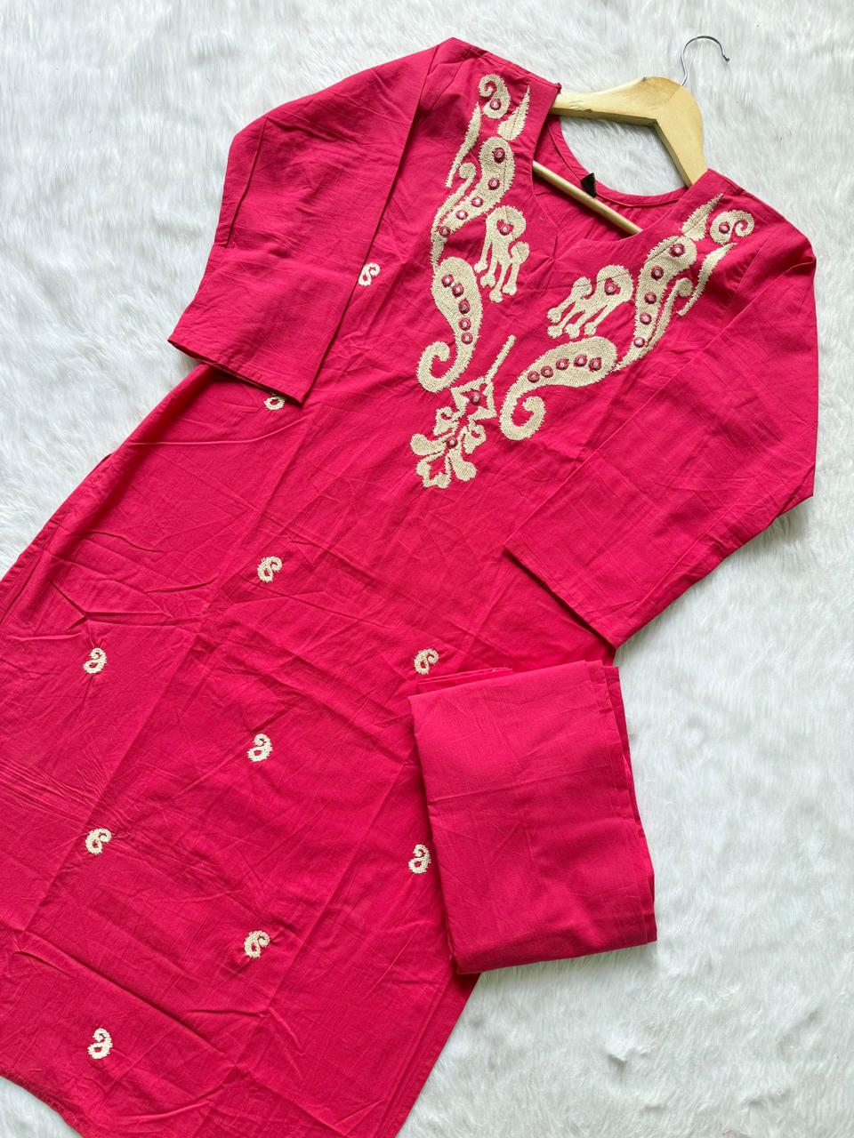 Fuchsia Pink Embroidered Cotton Blend Straight Kurta with Pant Set