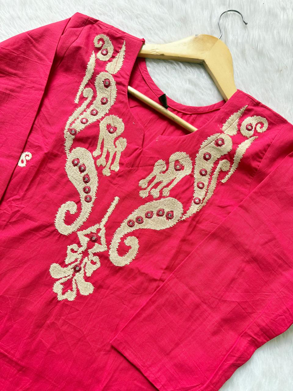 Fuchsia Pink Embroidered Cotton Blend Straight Kurta with Pant Set