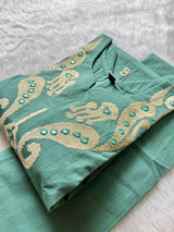 Sea Green Embroidered Cotton Blend Straight Kurta with Pant Set