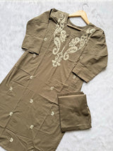 Taupe Brown Embroidered Cotton Blend Straight Kurta with Pant Set