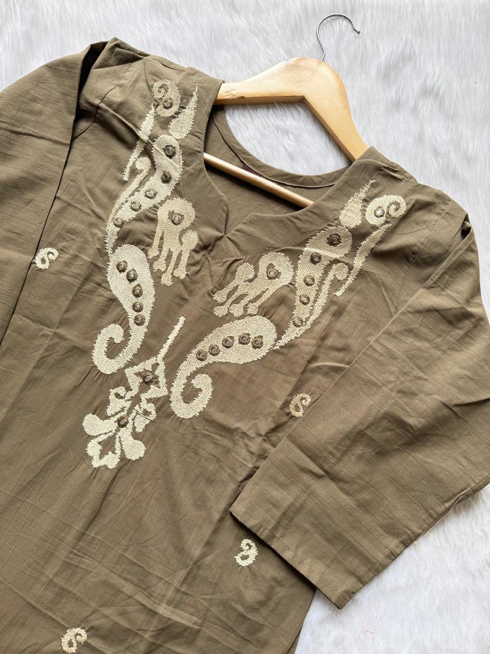 Taupe Brown Embroidered Cotton Blend Straight Kurta with Pant Set