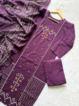 Bandhej Block Print Cotton Kurti Palazzo & Dupatta Set - Purple