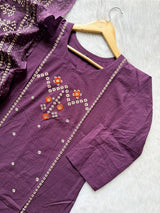 Bandhej Block Print Cotton Kurti Palazzo & Dupatta Set - Purple