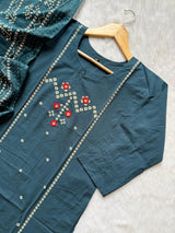 Bandhej Block Print Cotton Kurti Palazzo & Dupatta Set -Teal Blue