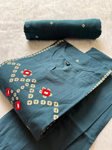 Bandhej Block Print Cotton Kurti Palazzo & Dupatta Set -Teal Blue