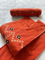Bandhej Block Print Cotton Kurti Palazzo & Dupatta Set - Rust Orange