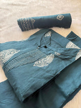 Teal Blue Cotton Printed Kurti Pant & Dupatta Set