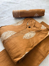 Camel Brown Cotton Printed Kurti Pant & Dupatta Set