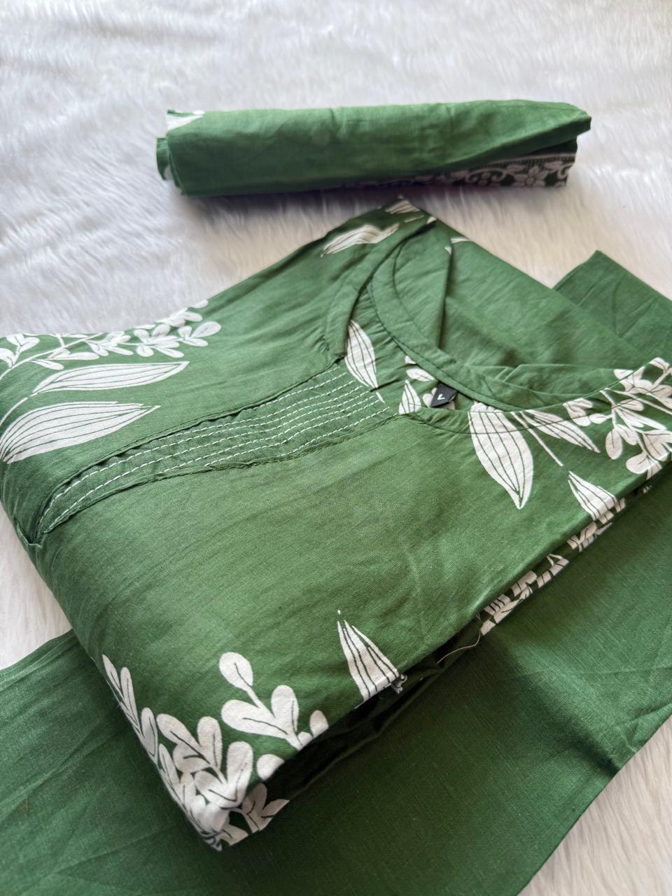 Green Cotton Printed Kurti Pant & Dupatta Set