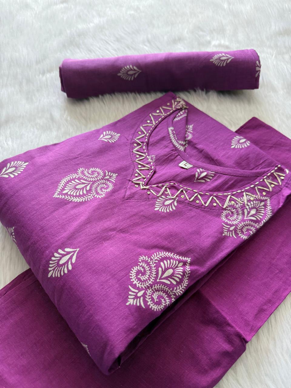 Orchid Purple Cotton Printed Kurti Pant & Dupatta Set