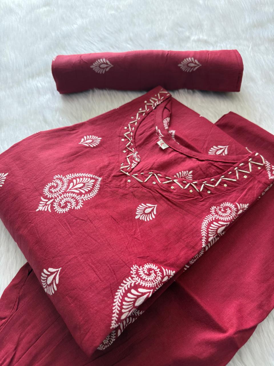 Red Cotton Kurti Pant & Dupatta Set
