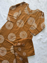 Camel Brown Cotton Printed Kurti Pant & Dupatta Set