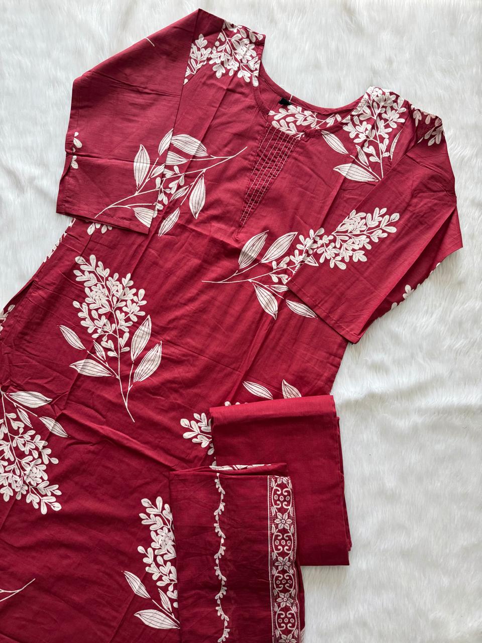 Raspberry Pink Cotton Printed Kurti Pant & Dupatta Set