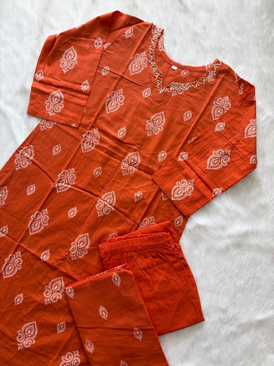 Rust Orange Cotton Printed Kurti Pant & Dupatta Set
