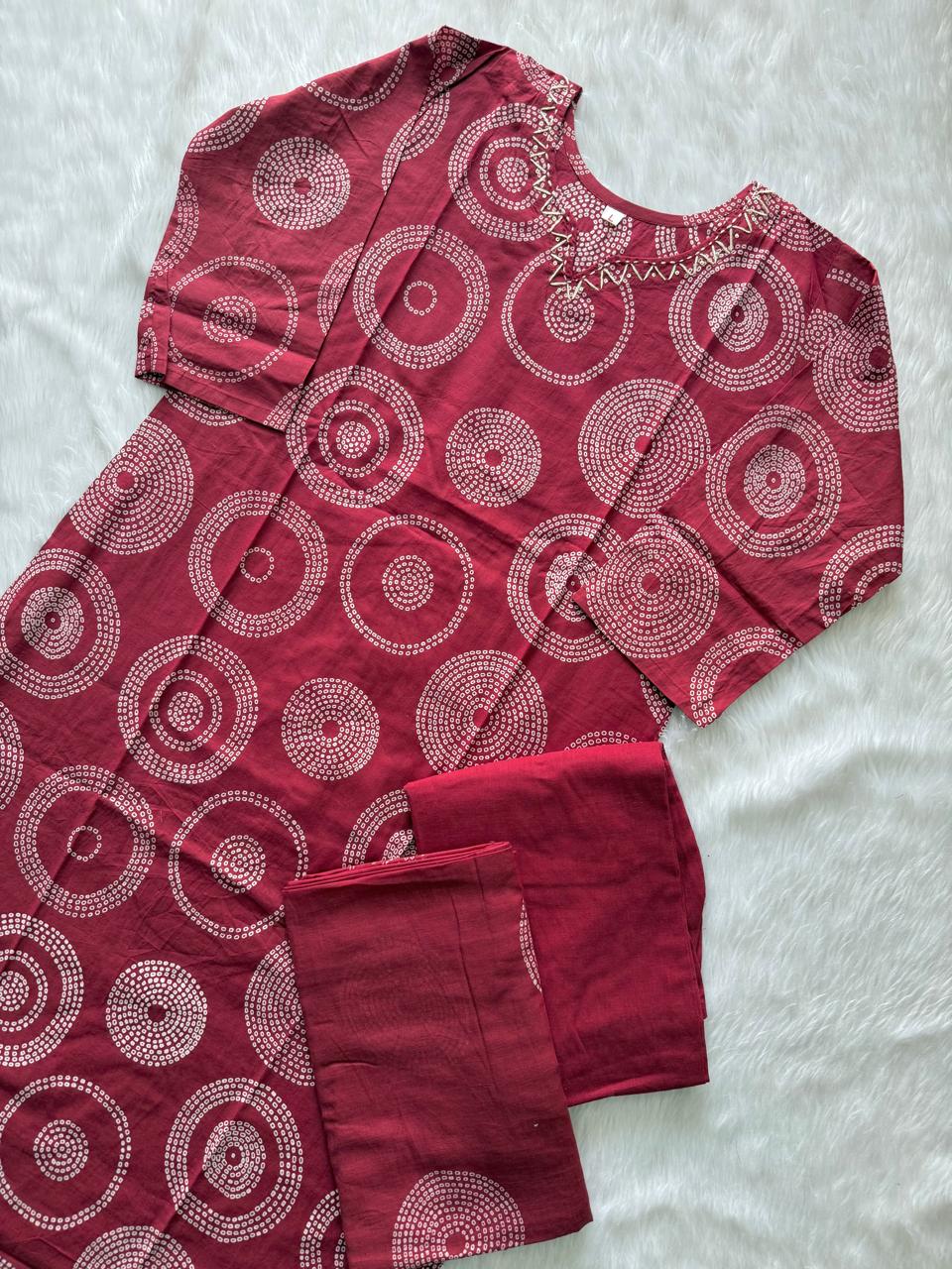 Red Cotton Printed Kurti Pant & Dupatta Set