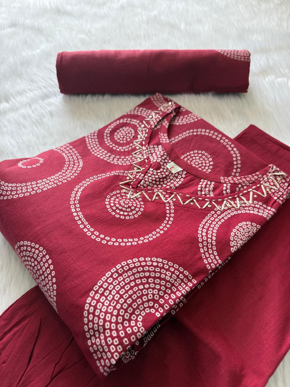 Red Cotton Printed Kurti Pant & Dupatta Set